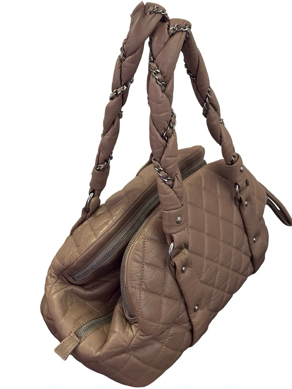Chanel Lady Braid Bowler Bag Distressed Lambskin Taupe Quilted Satchel 13”
